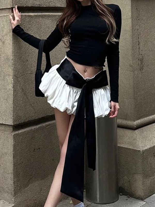 Solid Tie Back Long Sleeve Tee&Bow Decor Bud Skirt Set-3