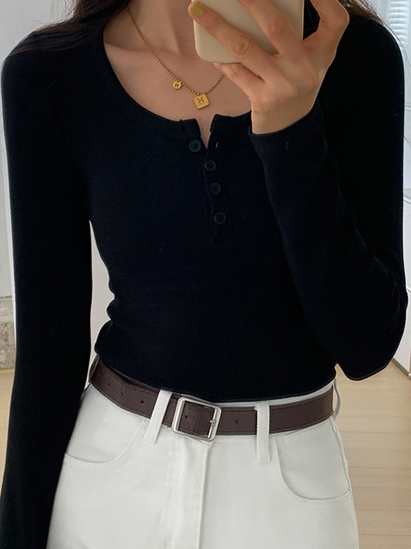 Solid Color Rib High Elastic Breasted Long Sleeve Knit-4